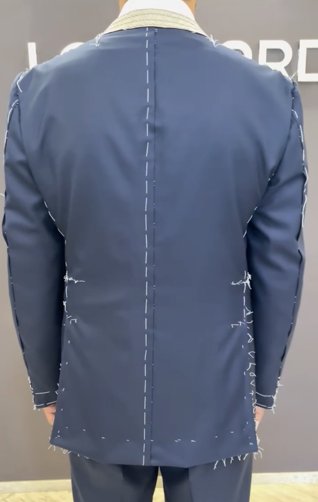 Back of bespoke jacket in construction