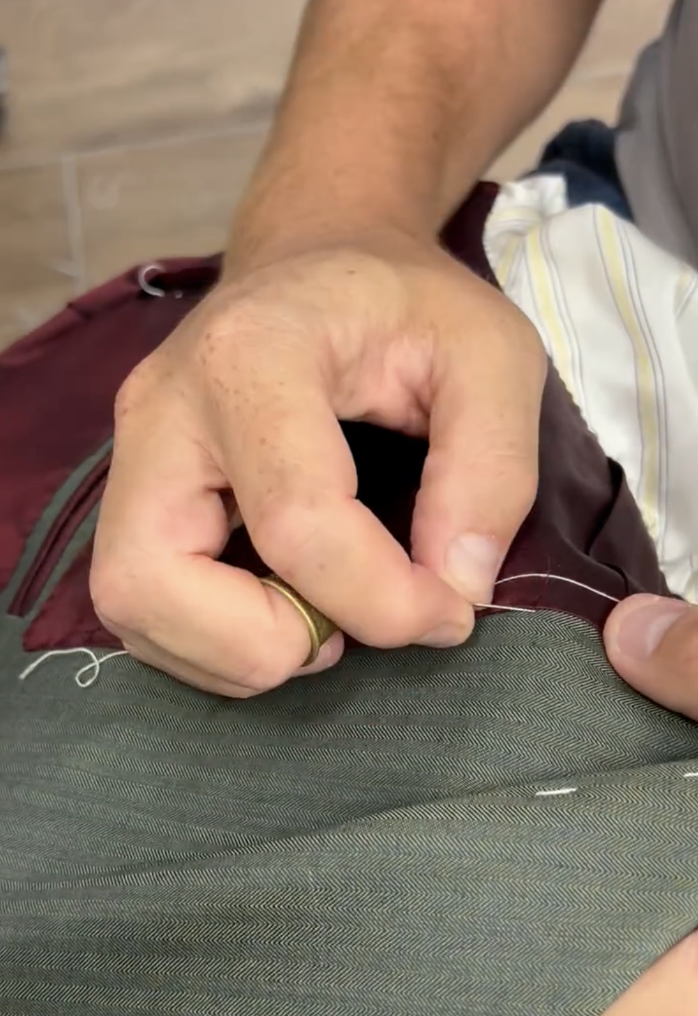 Hand stitching in progress